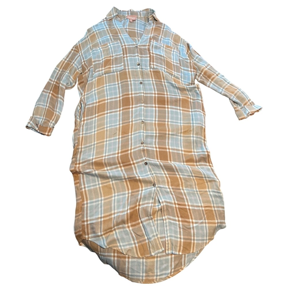 Show Me Your Mumu Womens XS Plaid Maxi Shirt Dress Blue Tan Button Down Duster - Picture 2 of 10